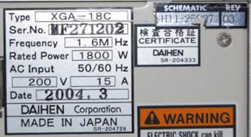 Daihen XGA 18C RF Generator 1800 W @ 1.6 MHz  