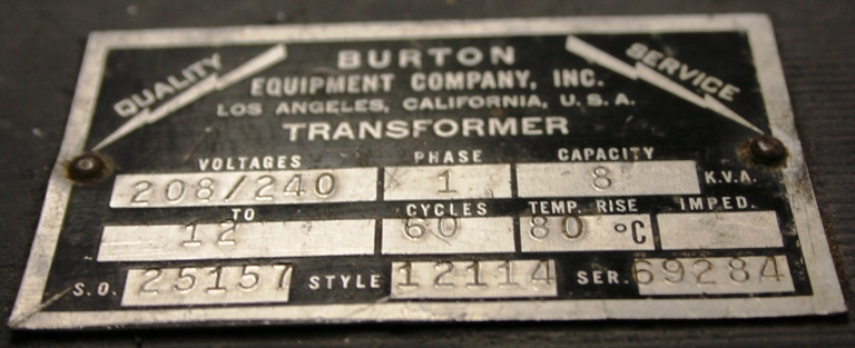 Burton Style 12114 Filament / Welding Transformer 8kVA  